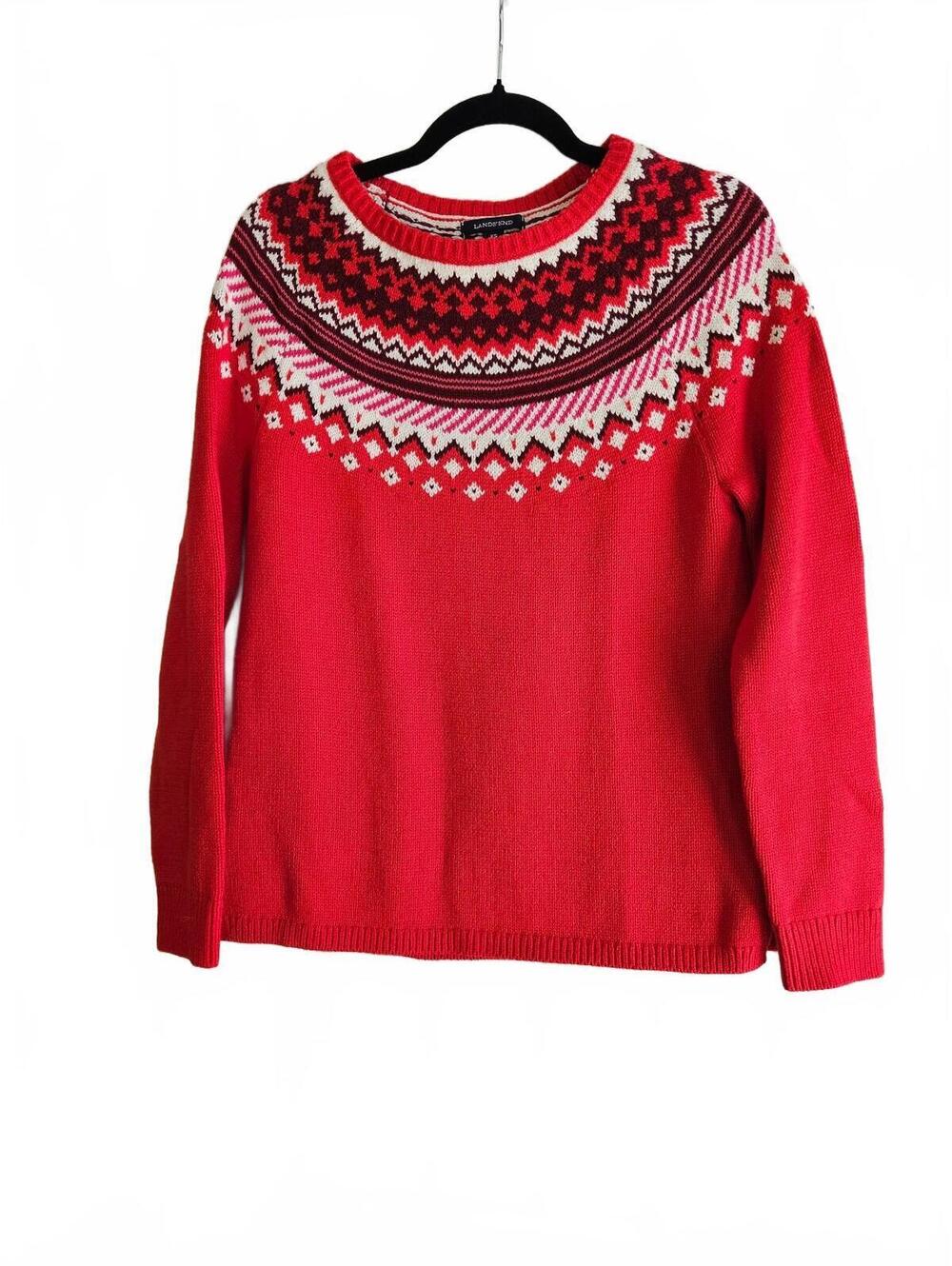 Lands' End Red Fair Isle-Style Crewneck Sweater-XS-Holiday Festive Ready!